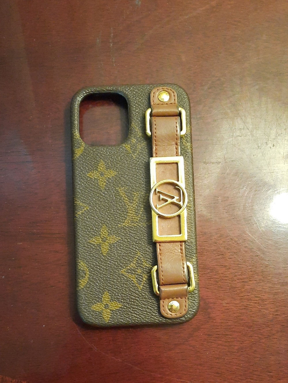 Louis Vuitton Monogram Phone Case with Brown Leather Strap and Gold Accents